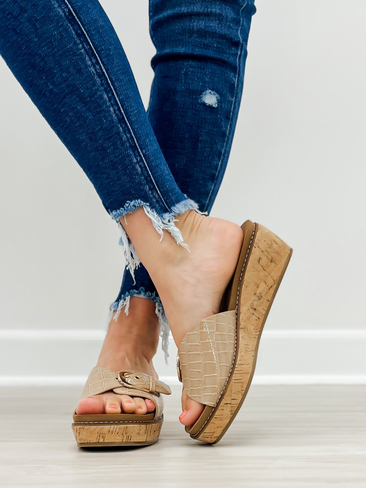 Corkys Reality Slide Wedge Sandals in Cognac Patent Croco