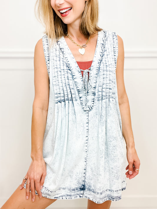 Washed Denim Pleated Front String Dress