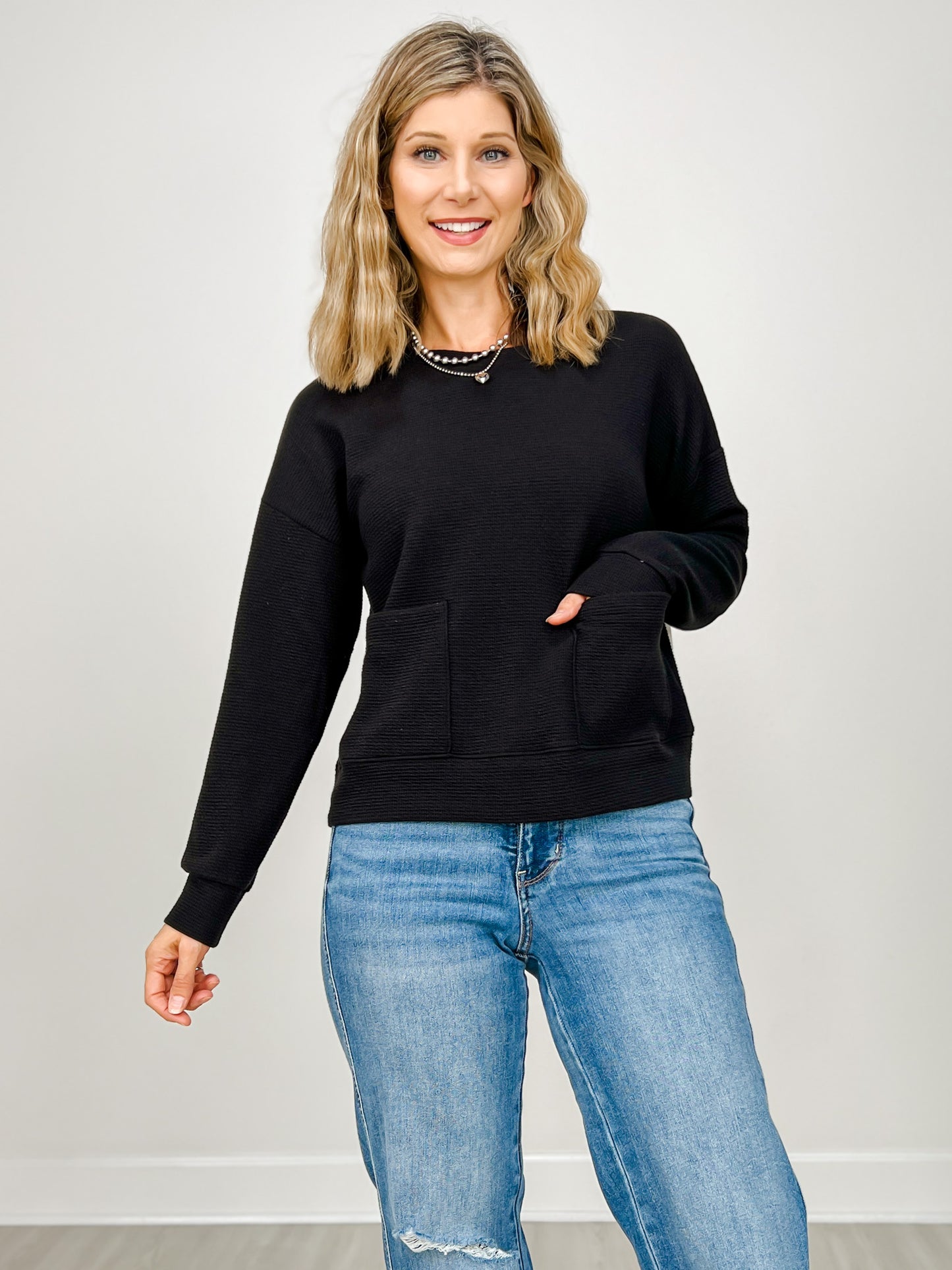 Cloudy Knit Long Sleeve Top with Front Pockets