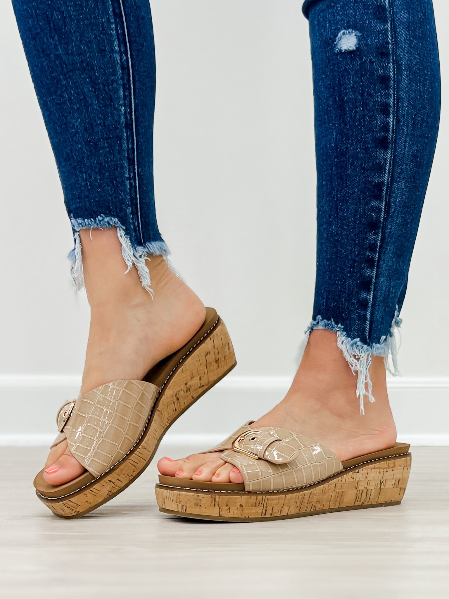Corkys Reality Slide Wedge Sandals in Cognac Patent Croco
