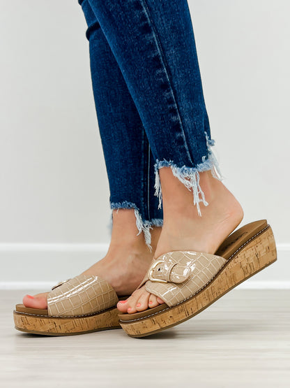Corkys Reality Slide Wedge Sandals in Cognac Patent Croco
