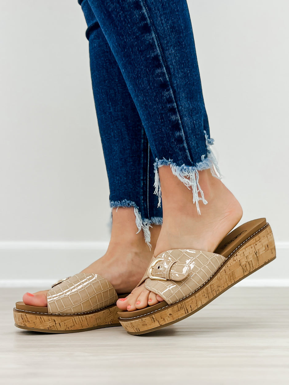Corkys Reality Slide Wedge Sandals in Cognac Patent Croco