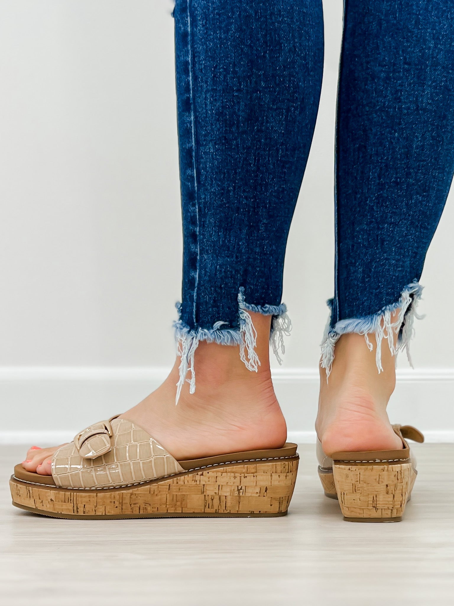 Corkys Reality Slide Wedge Sandals in Cognac Patent Croco