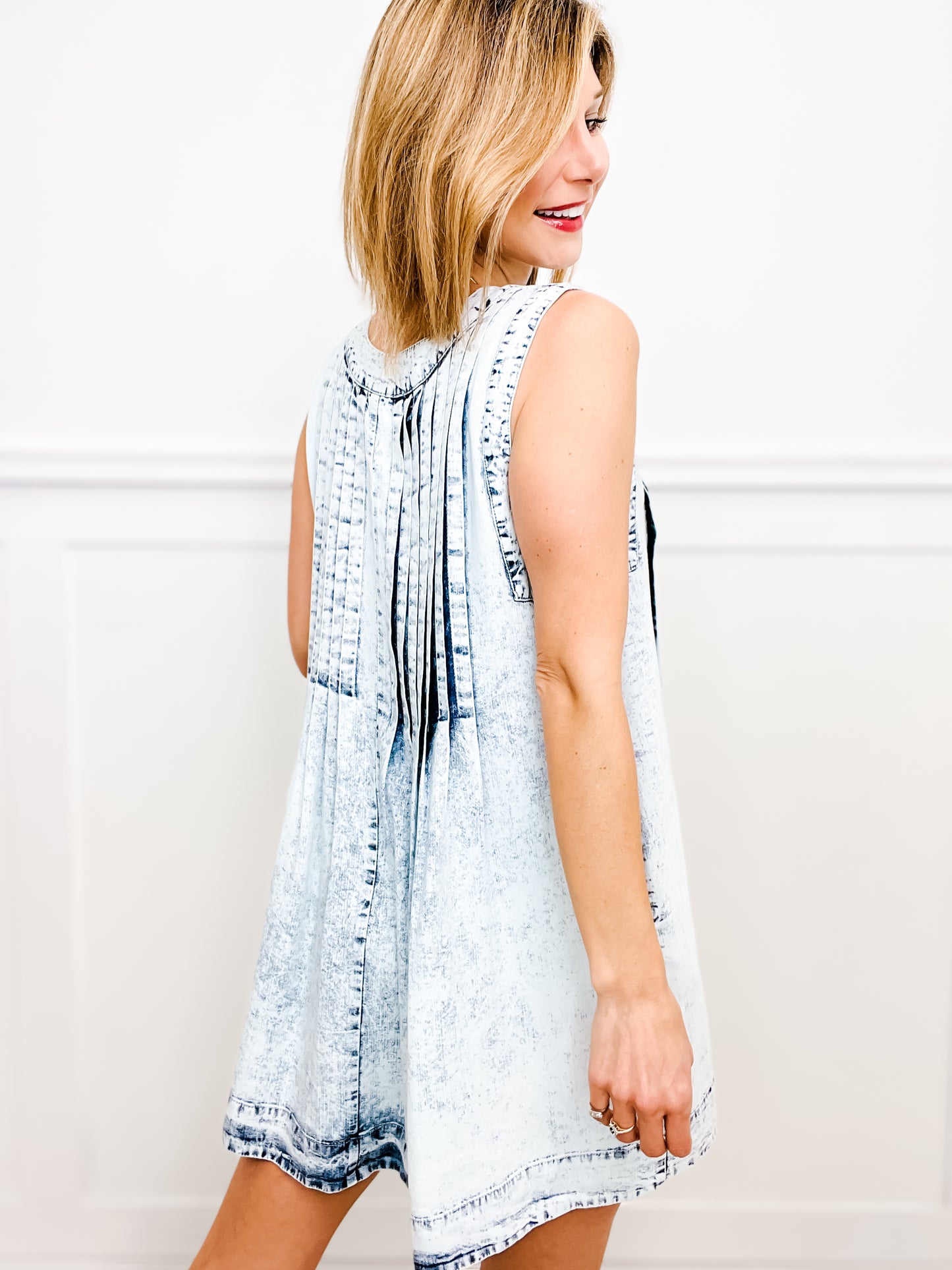 Washed Denim Pleated Front String Dress