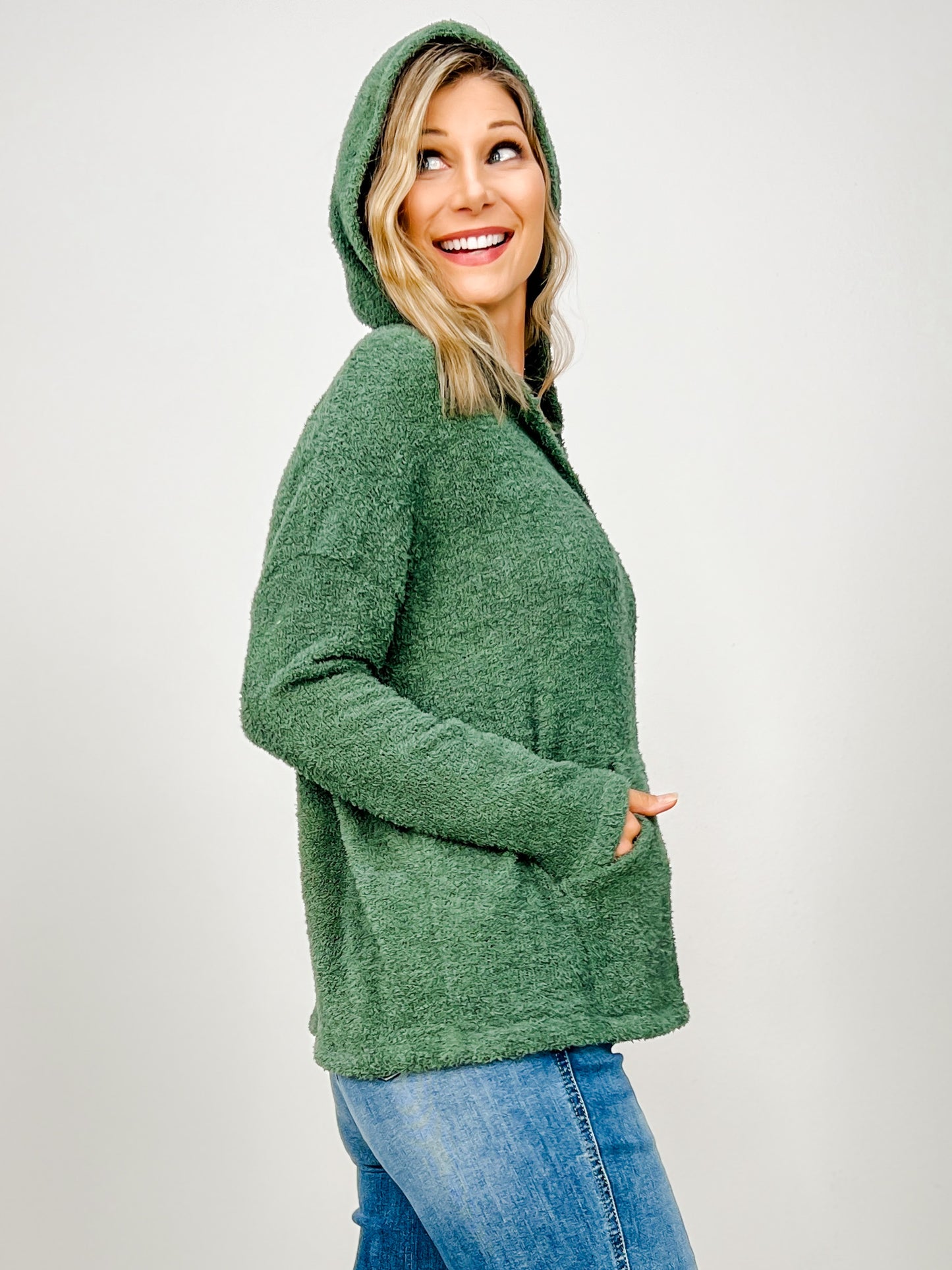Cozy Knit V-Neck Long Sleeve Hoodie with Kangaroo Pocket