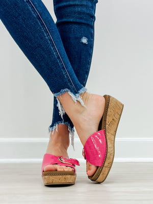 Corkys Reality Slide Wedge Sandals in Pink Patent Croco