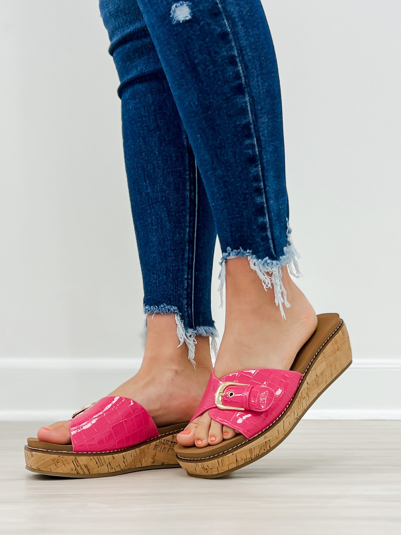 Corkys Reality Slide Wedge Sandals in Pink Patent Croco