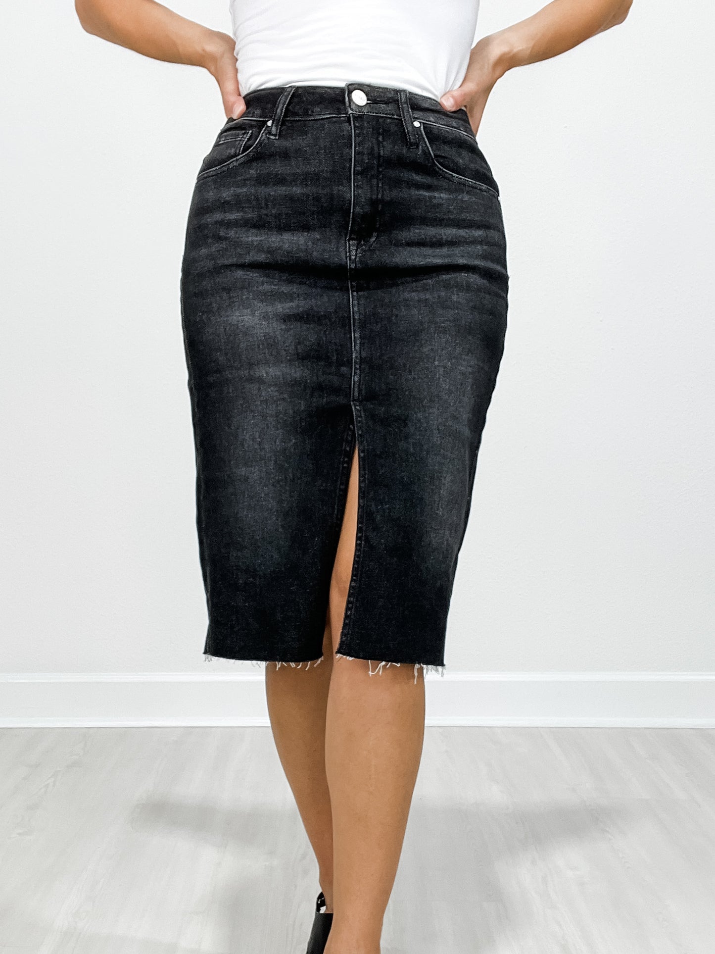 Risen High Rise Front Slit Midi Denim Skirt