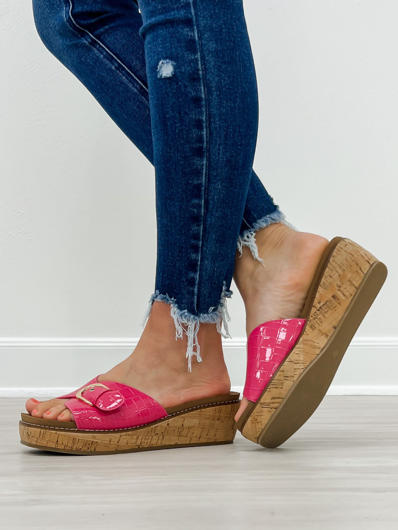 Corkys Reality Slide Wedge Sandals in Pink Patent Croco