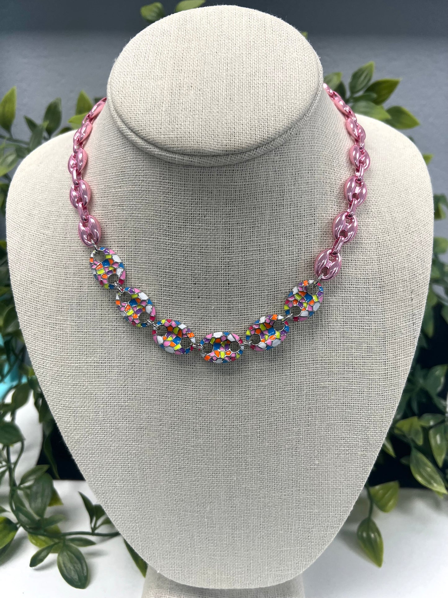 Pink Metallic and Mosaic Pig Nose Necklace