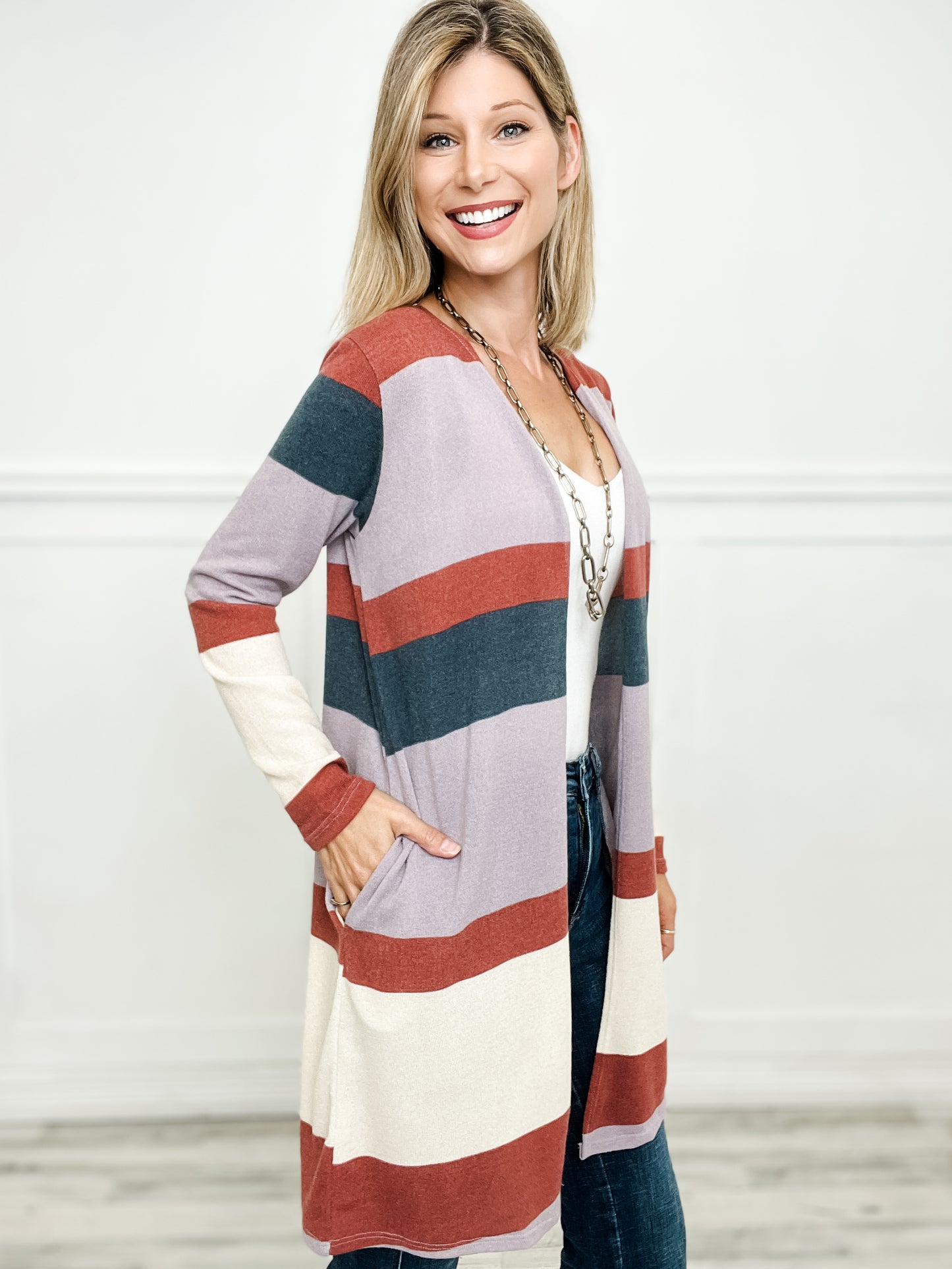 Long Sleeve Multi Color Block Open Front Cardigan