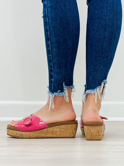 Corkys Reality Slide Wedge Sandals in Pink Patent Croco