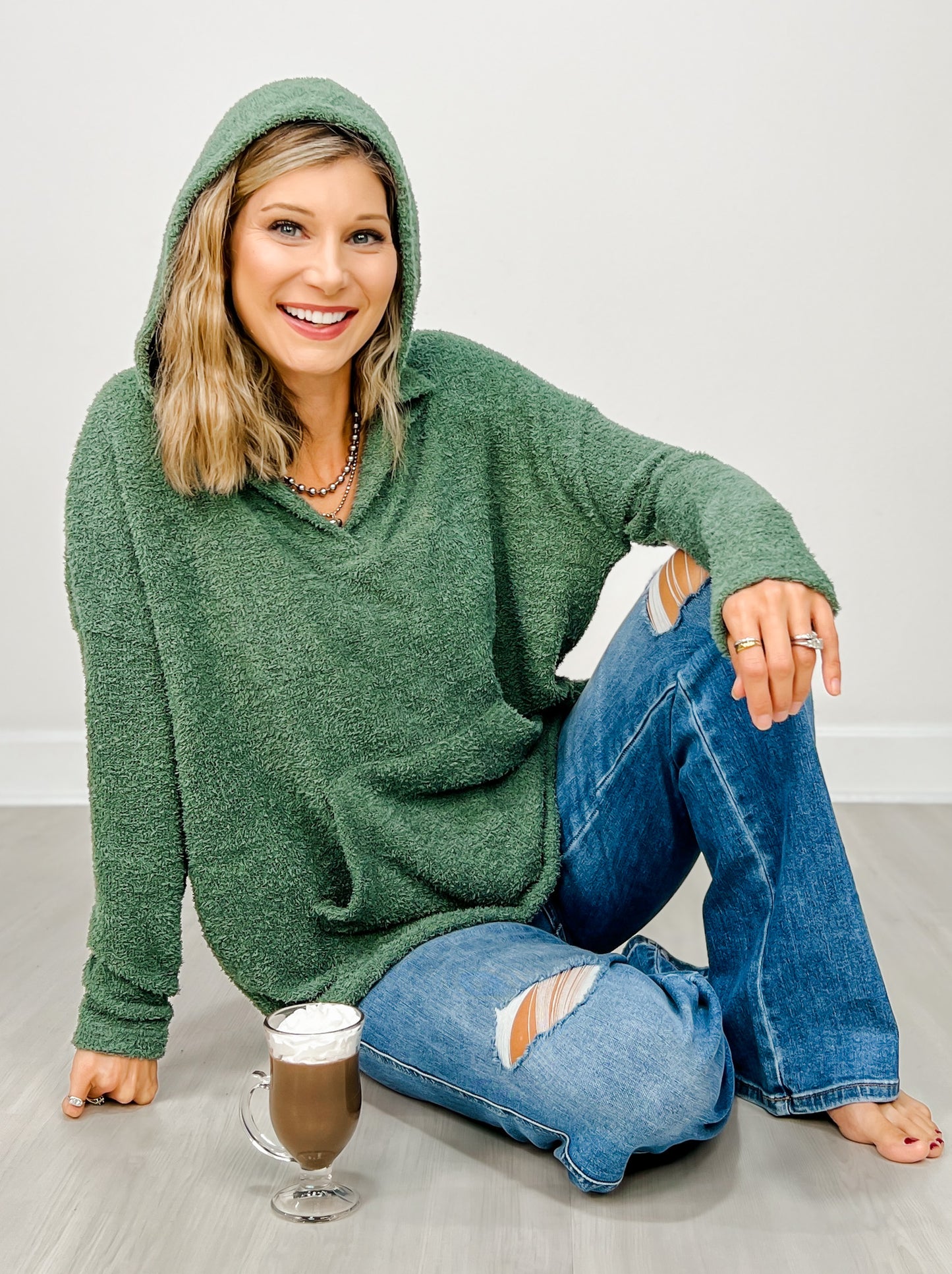 Cozy Knit V-Neck Long Sleeve Hoodie with Kangaroo Pocket