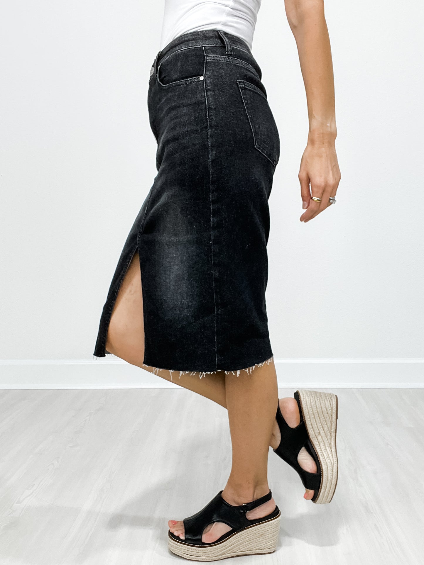 Risen High Rise Front Slit Midi Denim Skirt