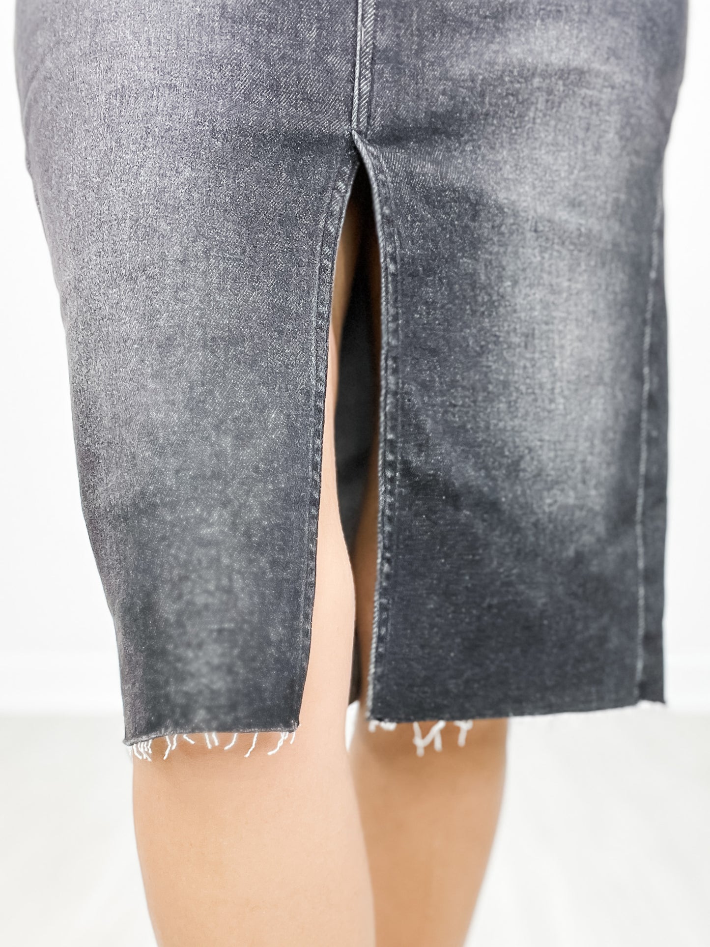 Risen High Rise Front Slit Midi Denim Skirt