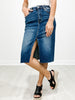 Risen High Rise Front Slit Midi Denim Skirt
