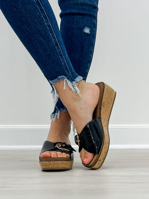 Corkys Reality Slide Wedge Sandals in Black Patent Croco