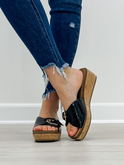 Corkys Reality Slide Wedge Sandals in Black Patent Croco