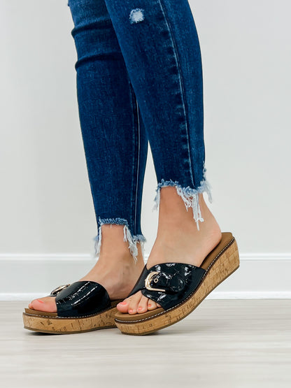 Corkys Reality Slide Wedge Sandals in Black Patent Croco