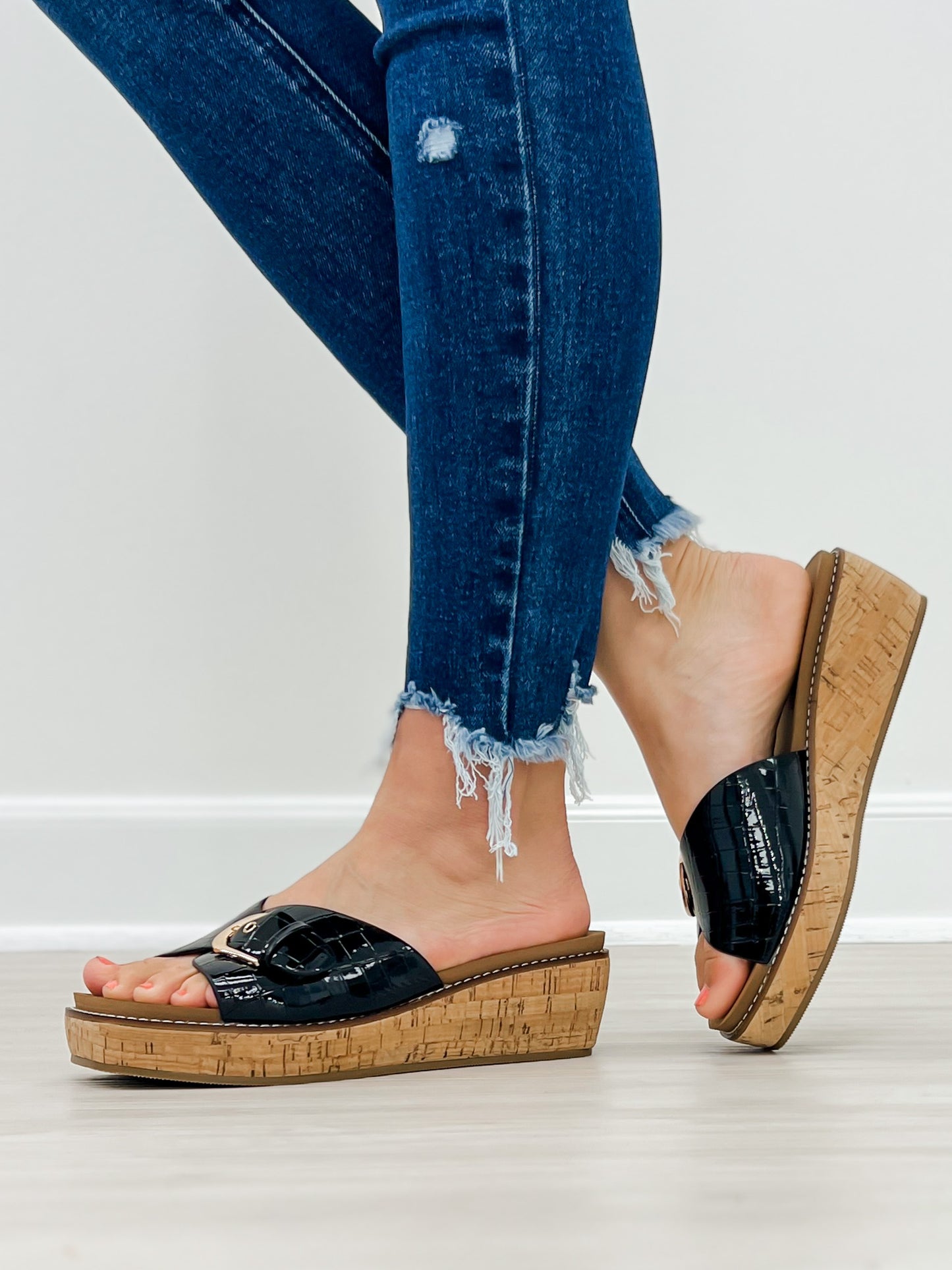 Corkys Reality Slide Wedge Sandals in Black Patent Croco
