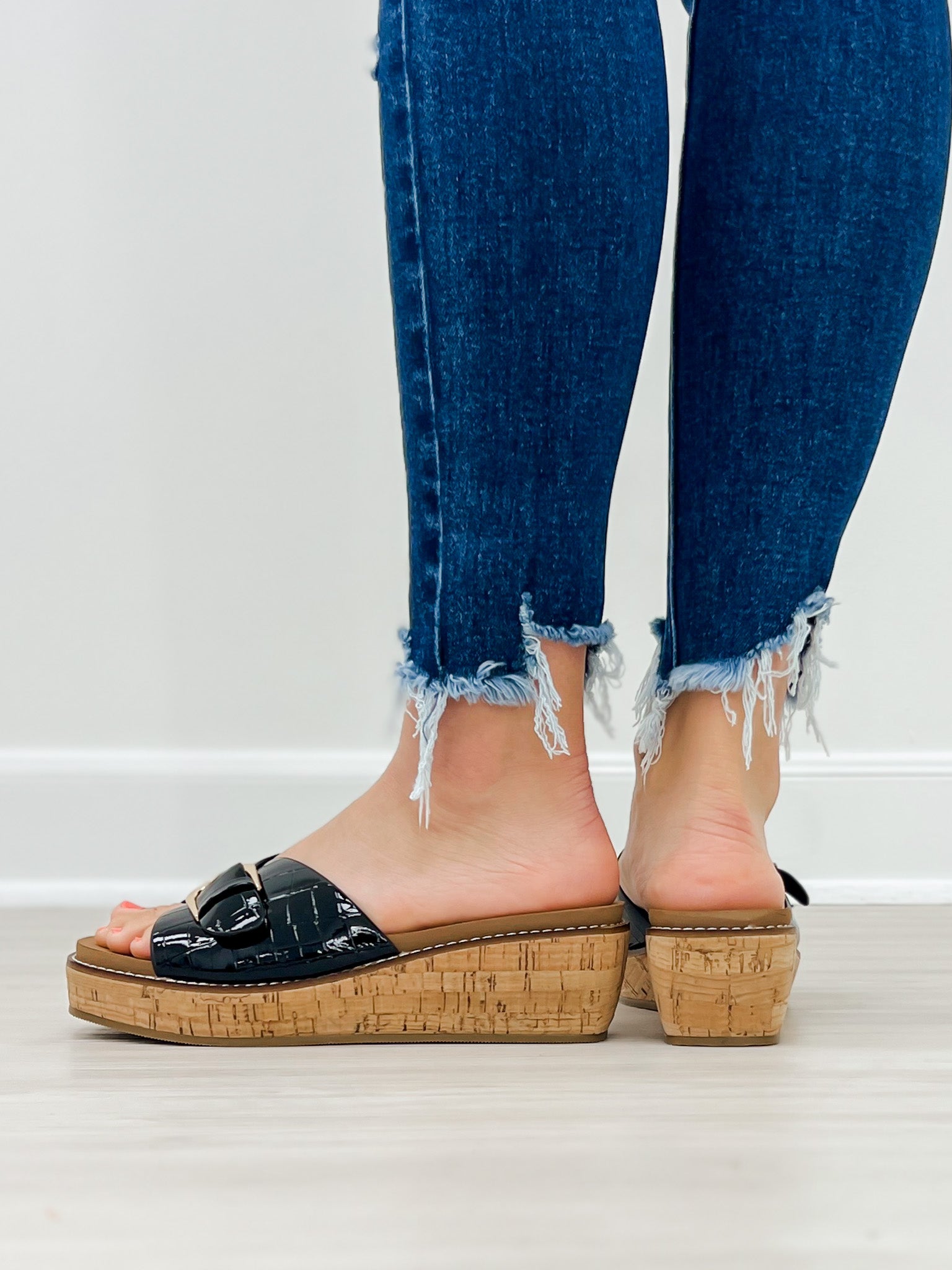 Corkys Reality Slide Wedge Sandals in Black Patent Croco