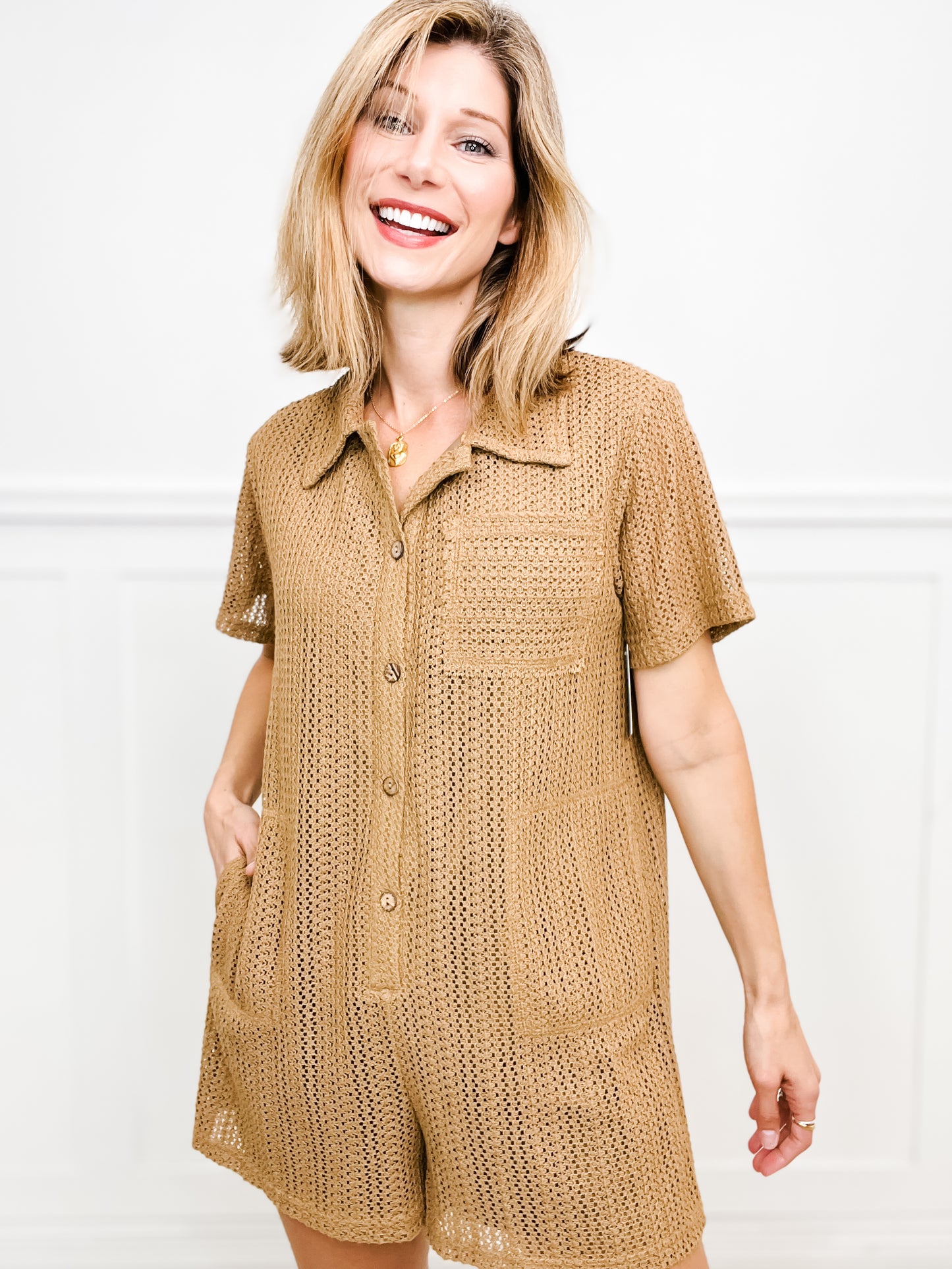 Easy Like Sunday Morning Button Down Crotchet Romper with Pockets