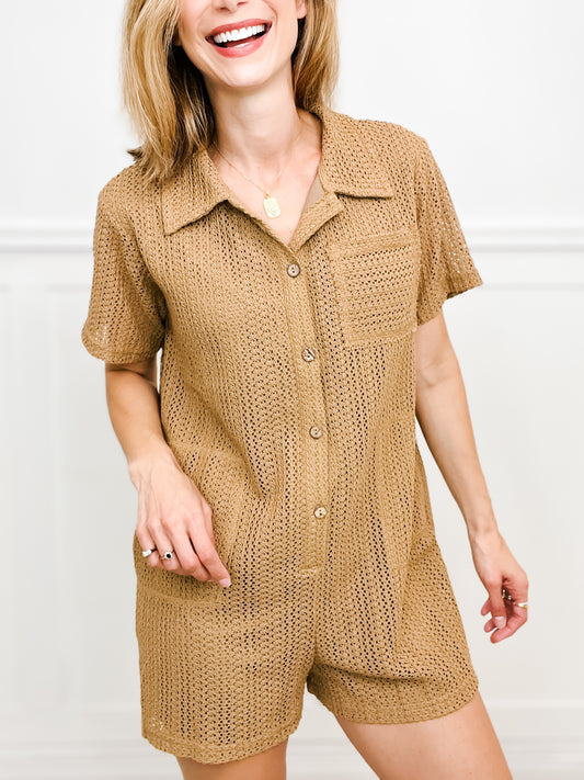 Easy Like Sunday Morning Button Down Crotchet Romper with Pockets