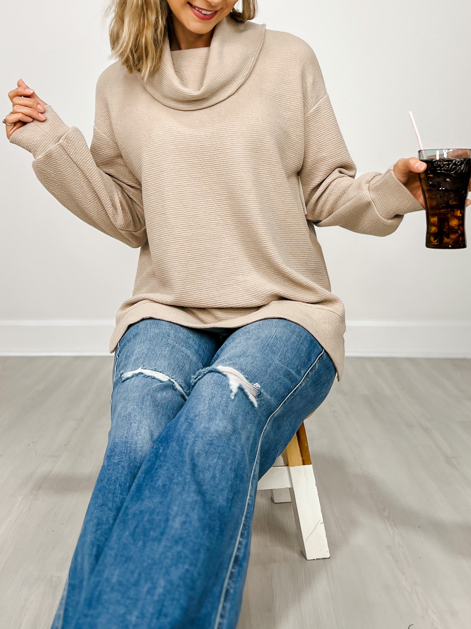 Long Sleeve Scoop Cowl Neck Knit Top