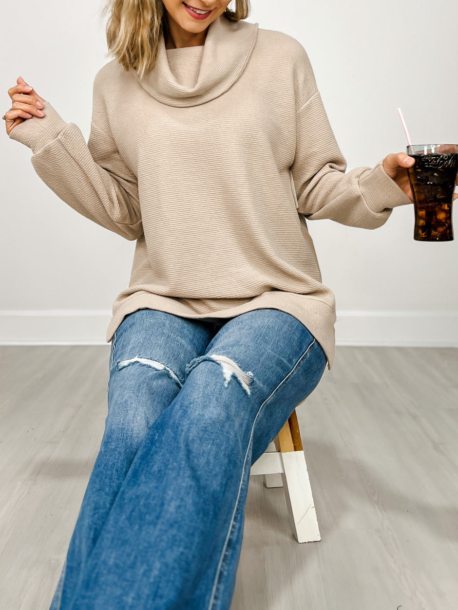 Long Sleeve Scoop Cowl Neck Knit Top