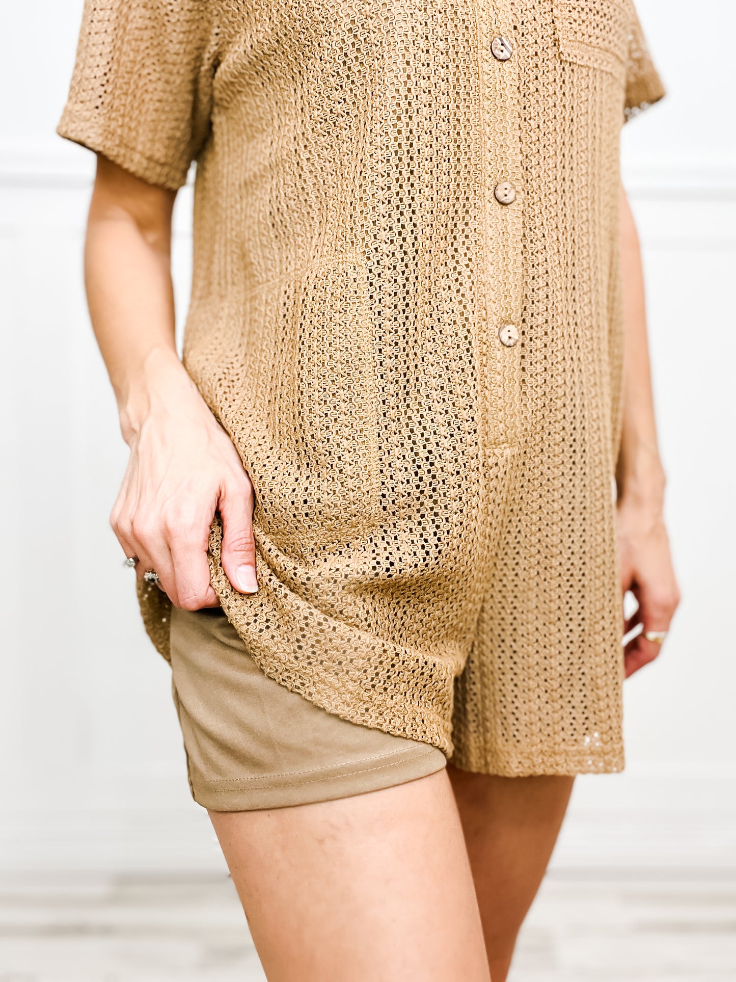 Easy Like Sunday Morning Button Down Crotchet Romper with Pockets