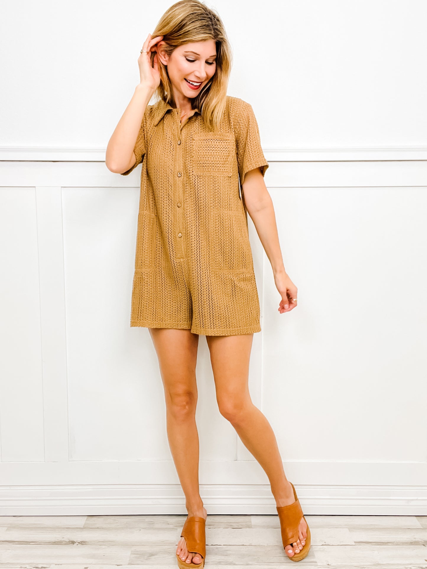 Easy Like Sunday Morning Button Down Crotchet Romper with Pockets