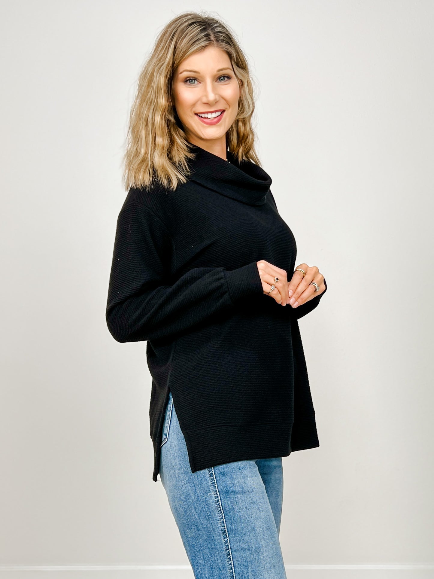 Long Sleeve Scoop Cowl Neck Knit Top