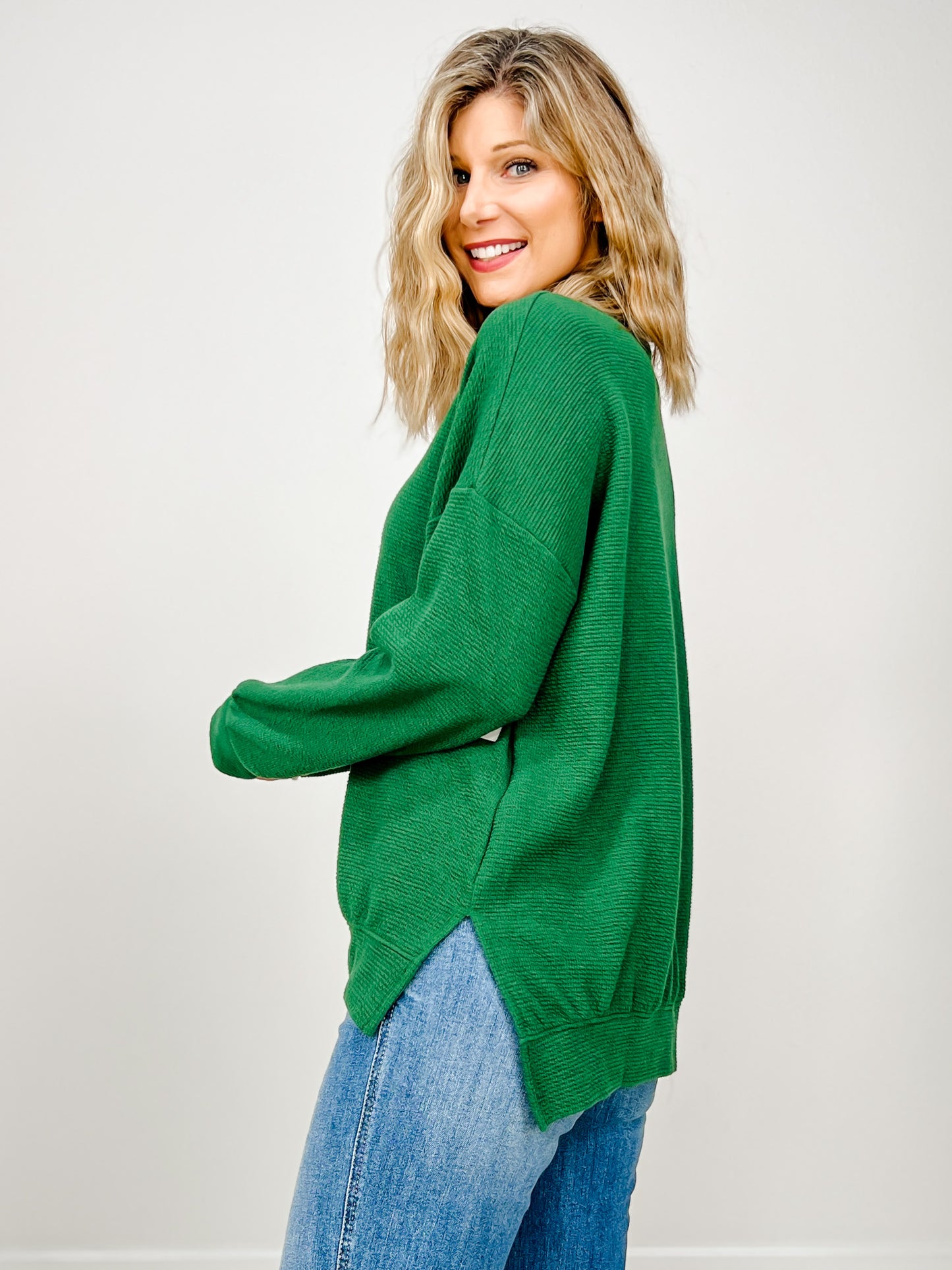Cloudy Knit Round Neck Long Sleeve Top with Hi-Lo Hem