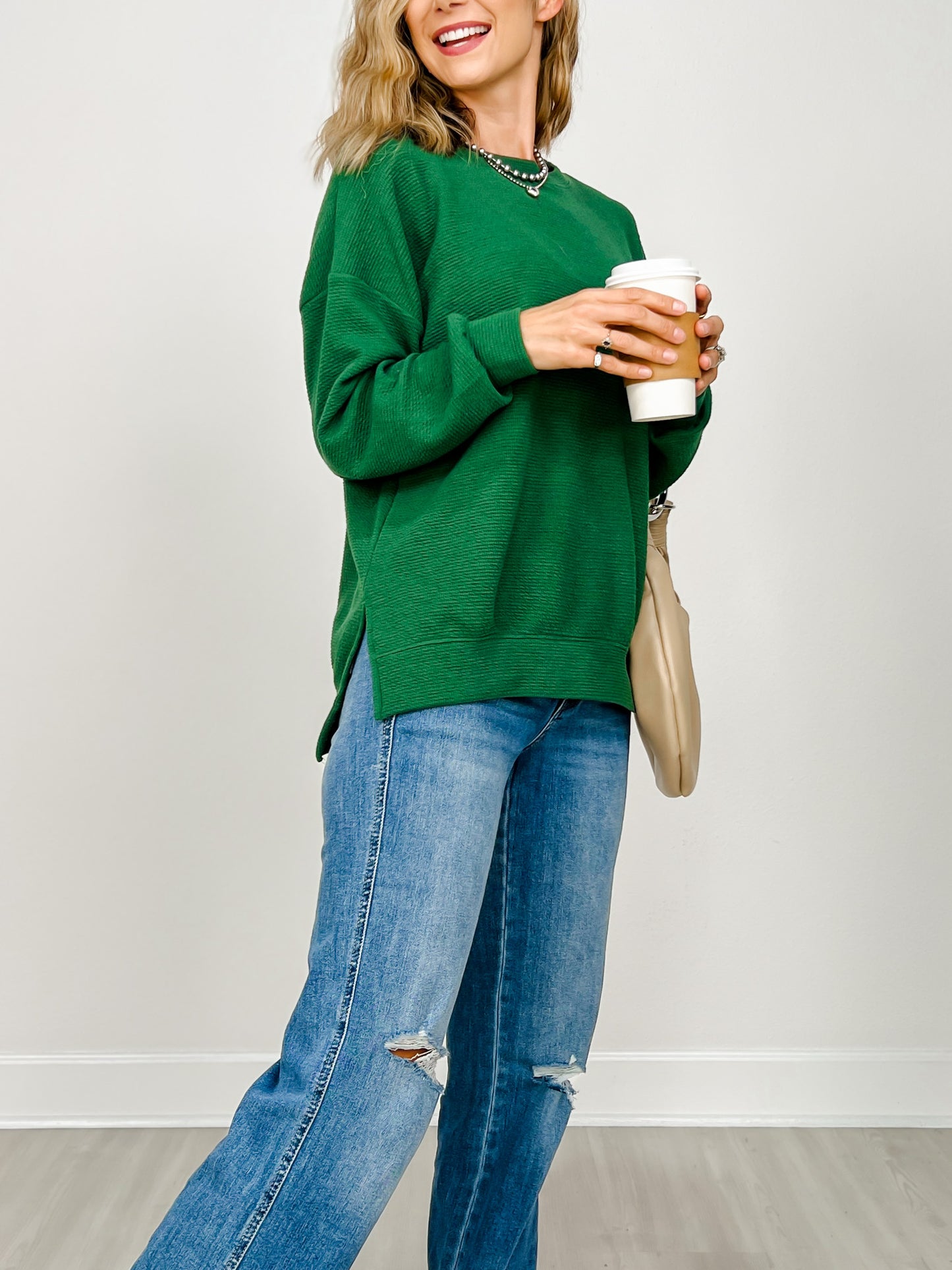 Cloudy Knit Round Neck Long Sleeve Top with Hi-Lo Hem