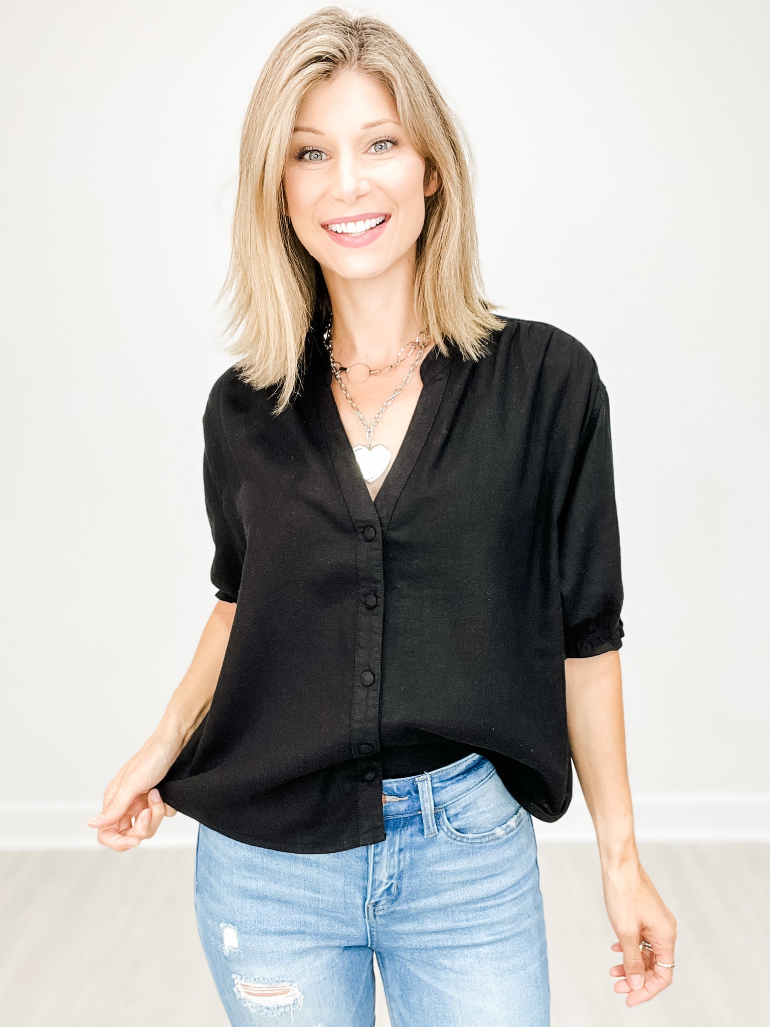 Oversized Linen Short Sleeve V-Neck Top