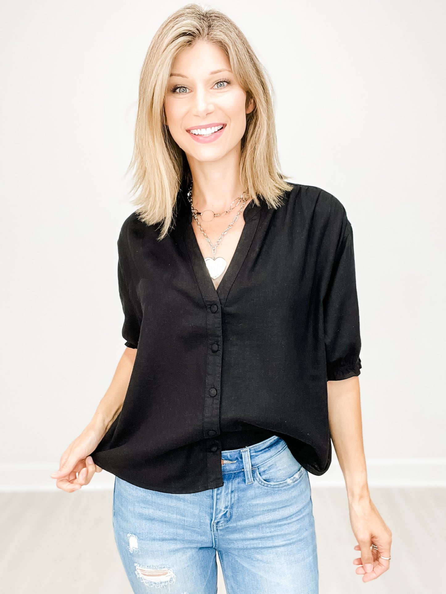 Oversized Linen Short Sleeve V-Neck Top