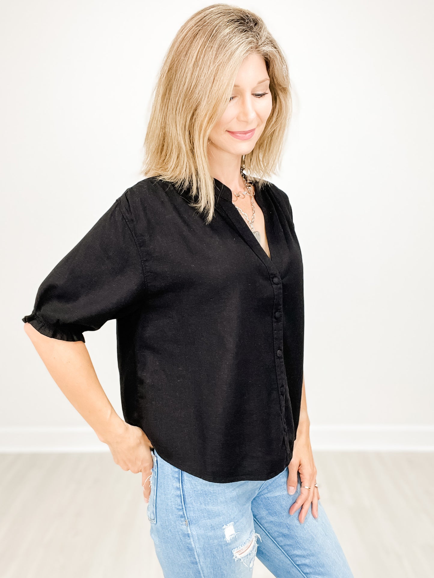 Oversized Linen Short Sleeve V-Neck Top