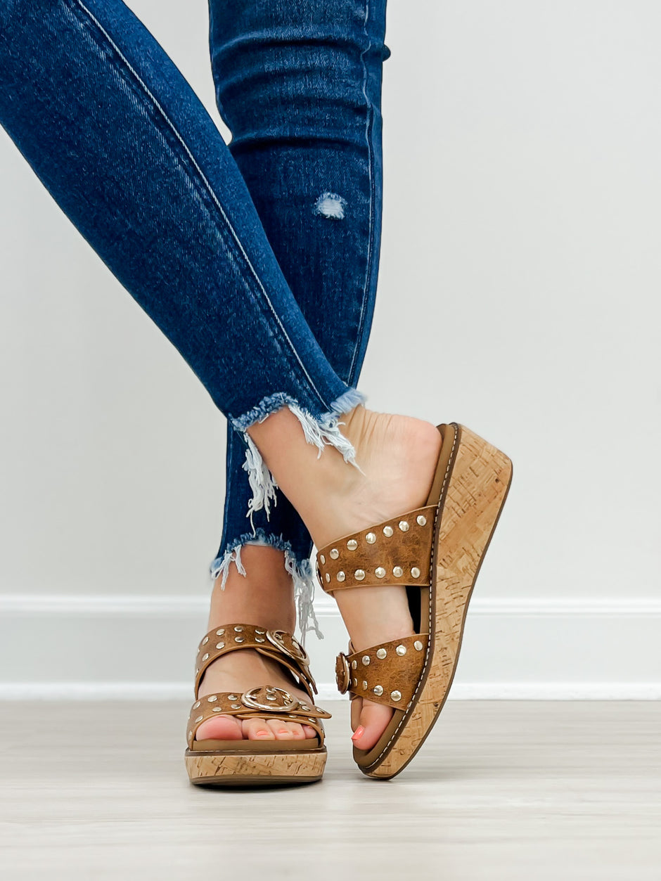 Corkys Told You So Double Buckle Sandals in Cognac Distressed