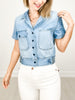 Risen Short Sleeve Denim Button Down Top with Collar