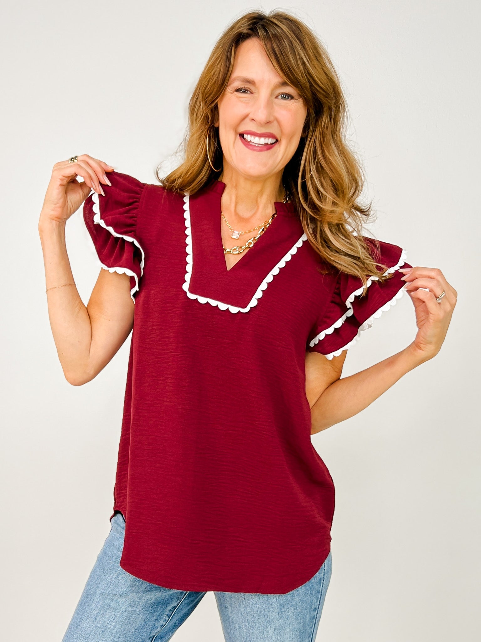 Game Day Ruffle Sleeve Scallop Trim Top