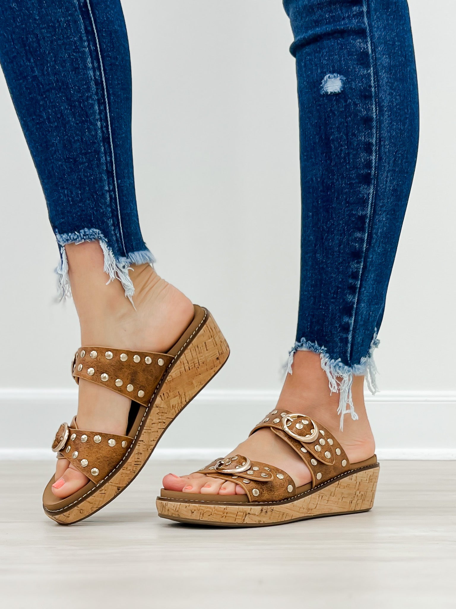 Corkys Told You So Double Buckle Sandals in Cognac Distressed