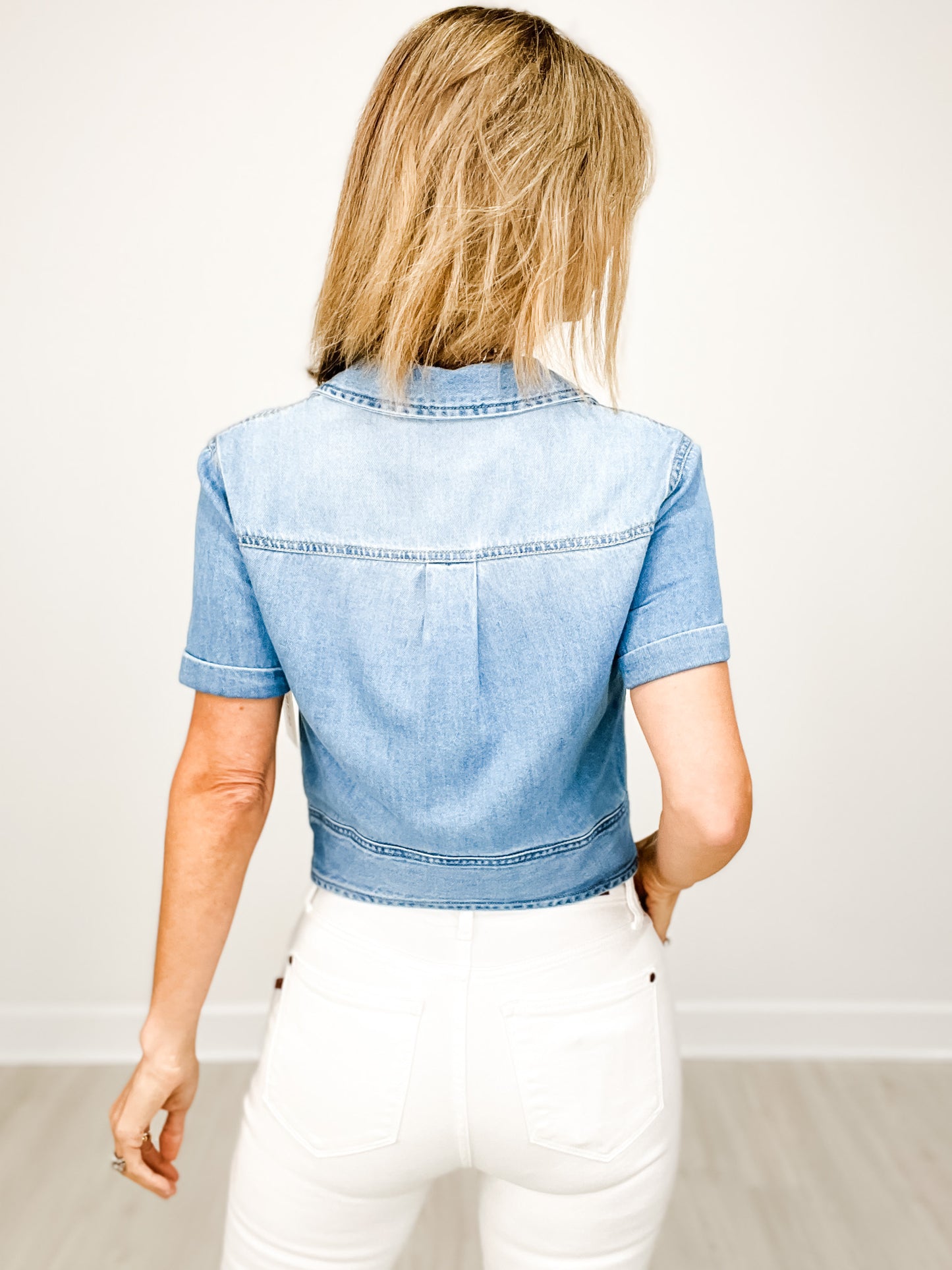 Risen Short Sleeve Denim Button Down Top with Collar