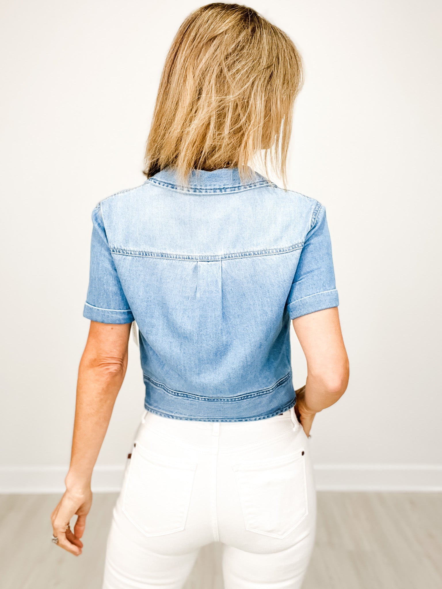 Risen Short Sleeve Denim Button Down Top with Collar