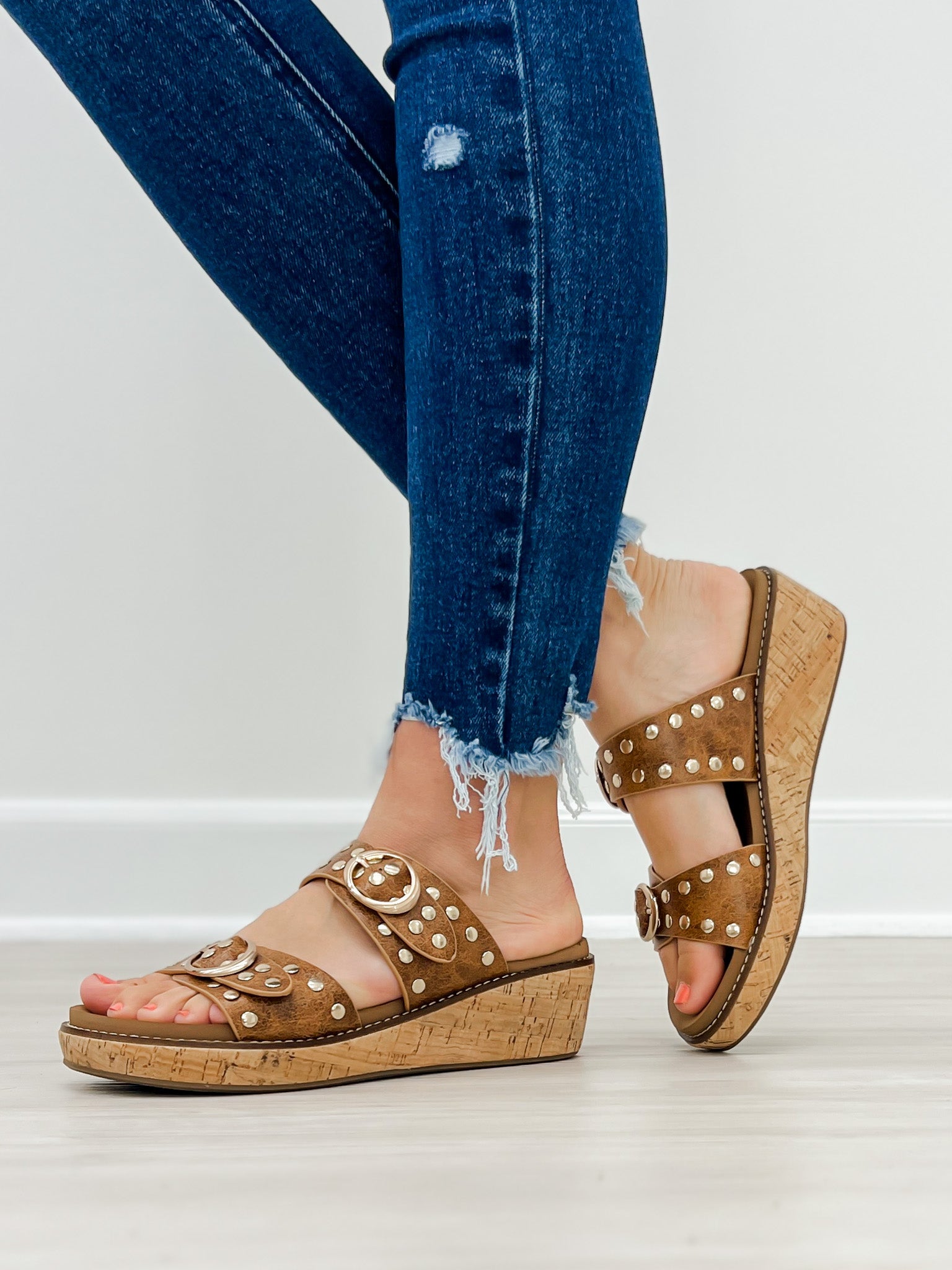 Corkys Told You So Double Buckle Sandals in Cognac Distressed