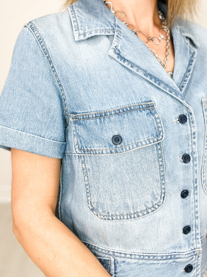 Risen Short Sleeve Denim Button Down Top with Collar