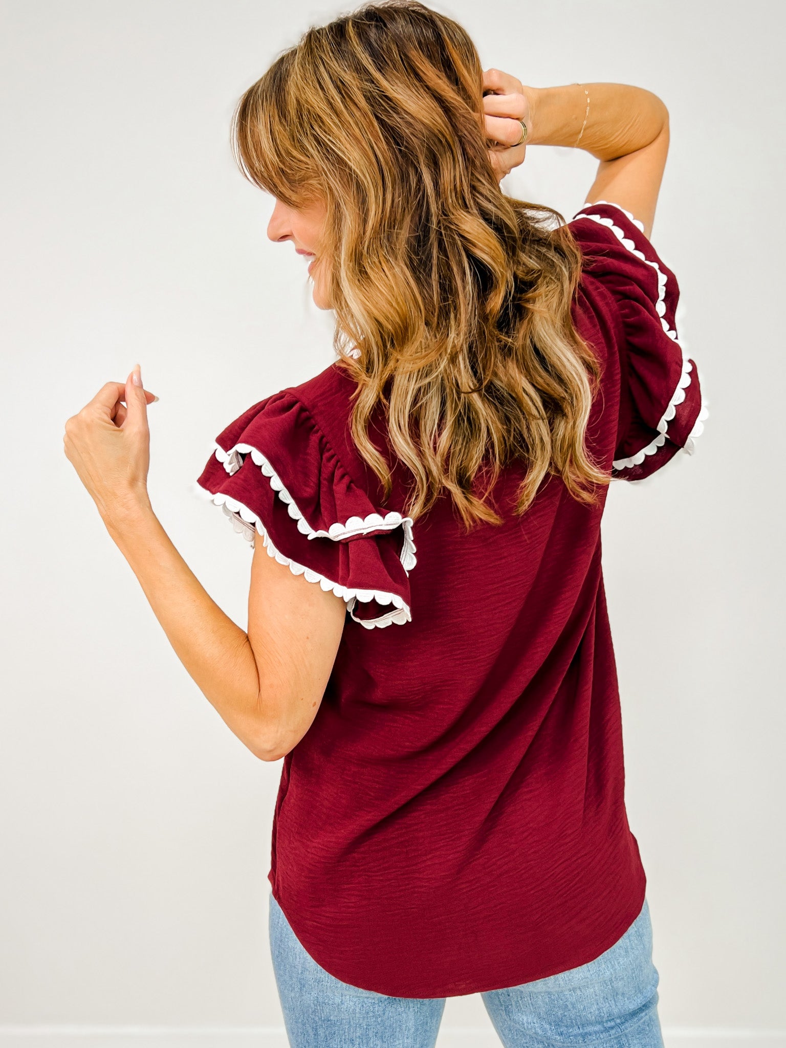 Game Day Ruffle Sleeve Scallop Trim Top
