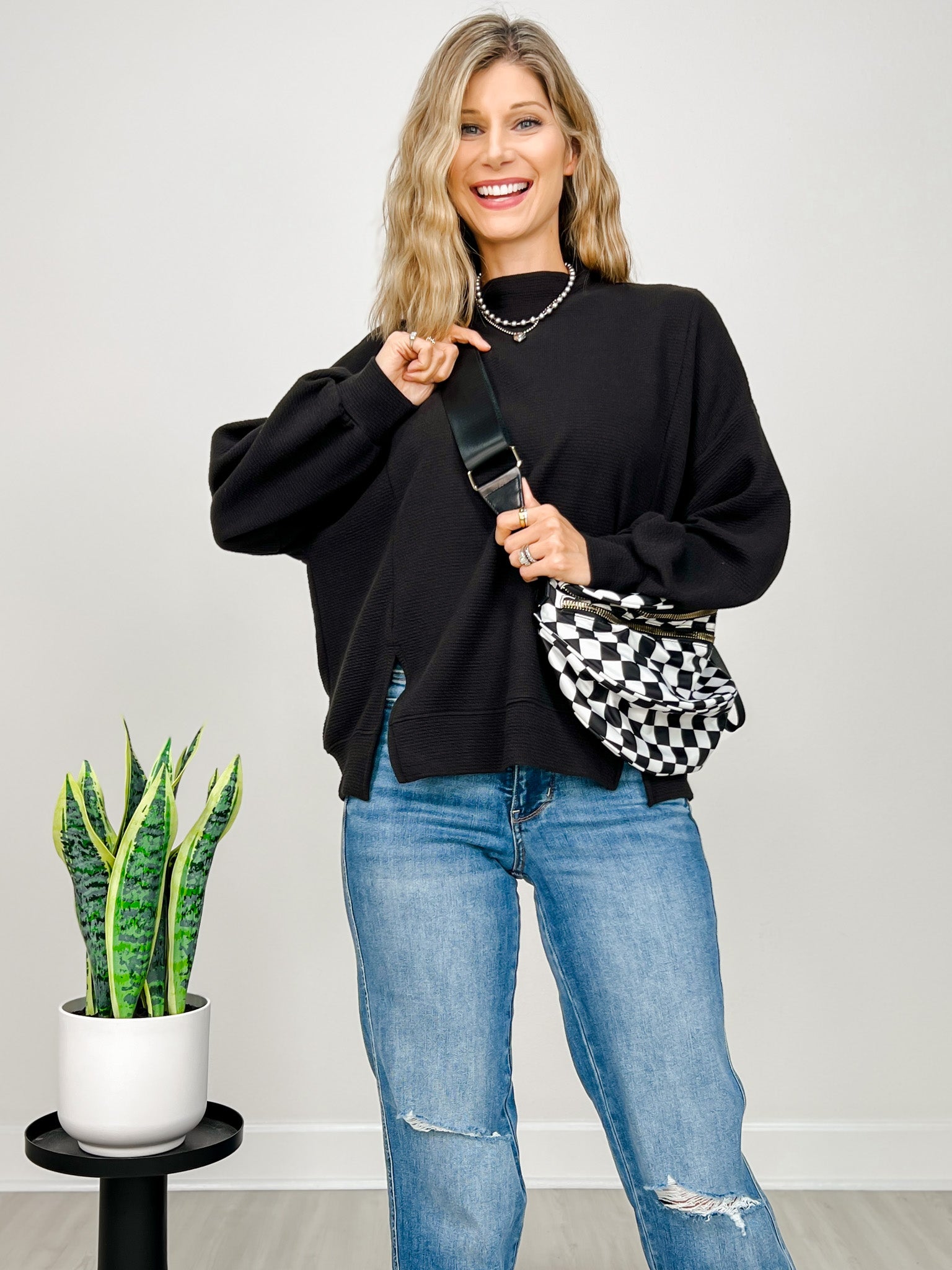 Cloudy Knit Mock Neck Cuffed Long Sleeve Top