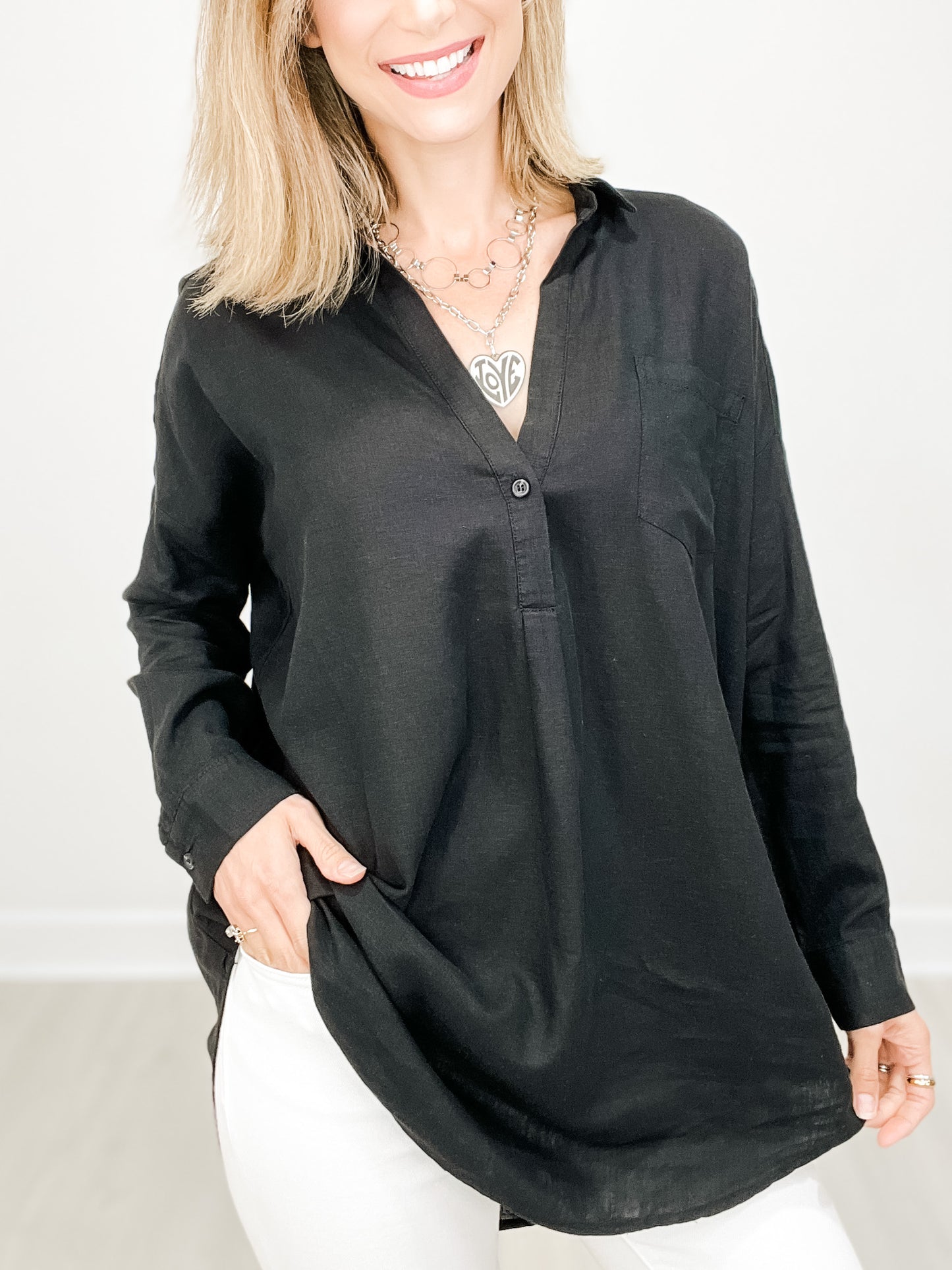 Long Sleeve Oversized Popover Linen Top