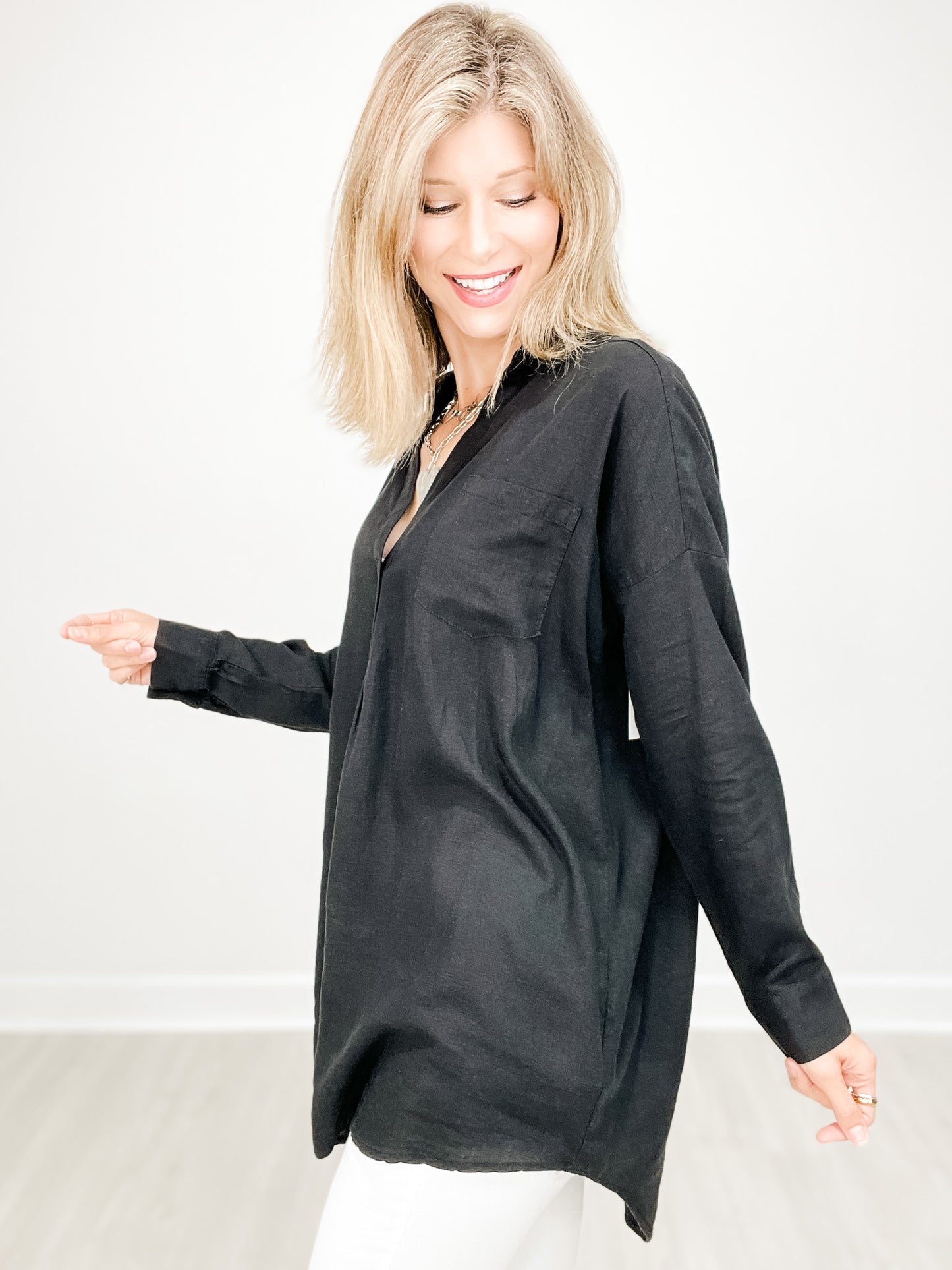 Long Sleeve Oversized Popover Linen Top