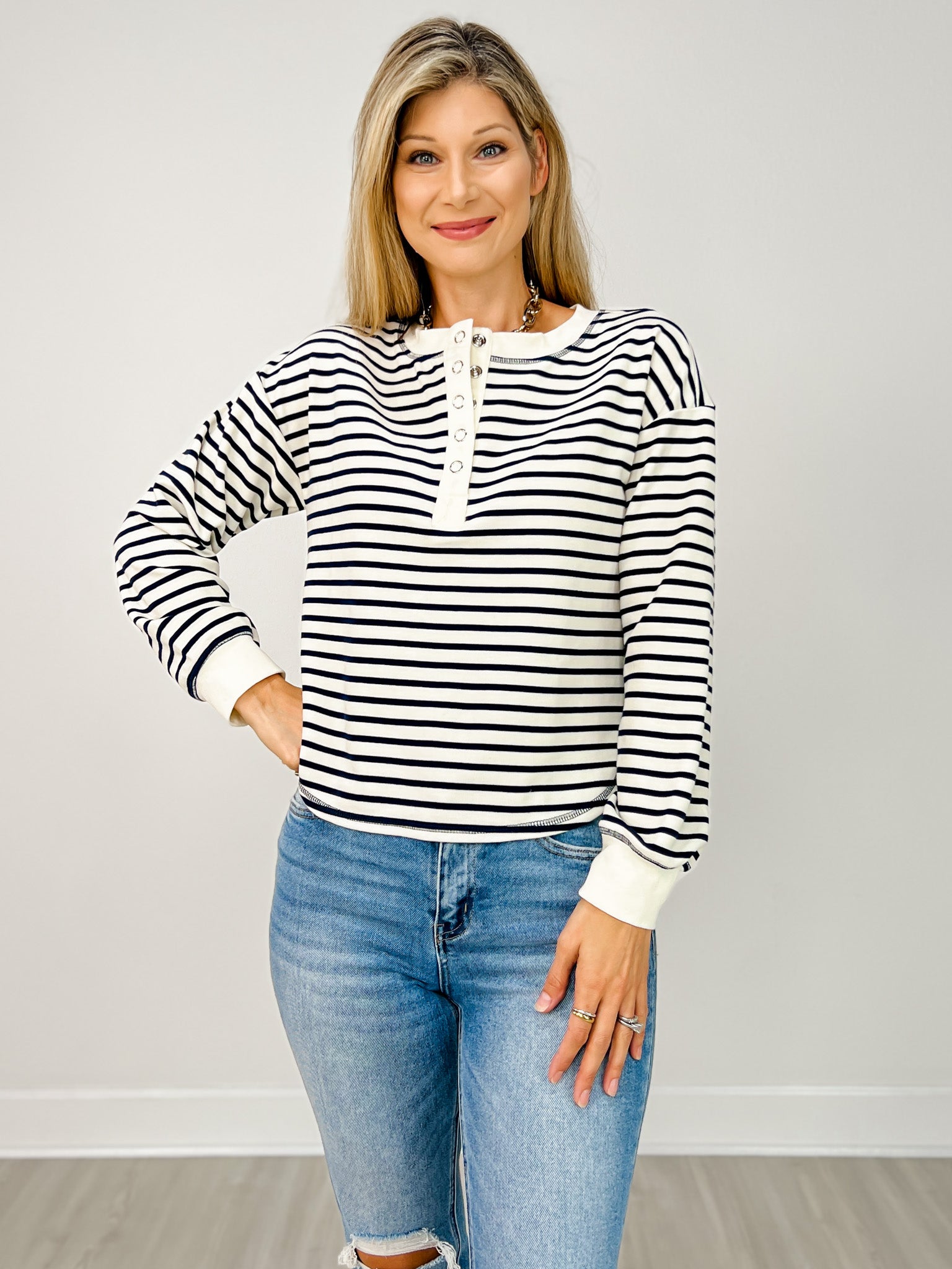 Stripe Henley Snap Button Long Sleeve Knit Top